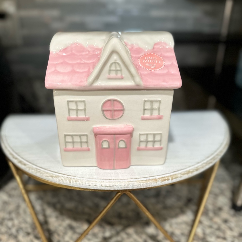 New Ceramic Peppermint & Pine Pink Christmas House Cookie Jar Canister Gift